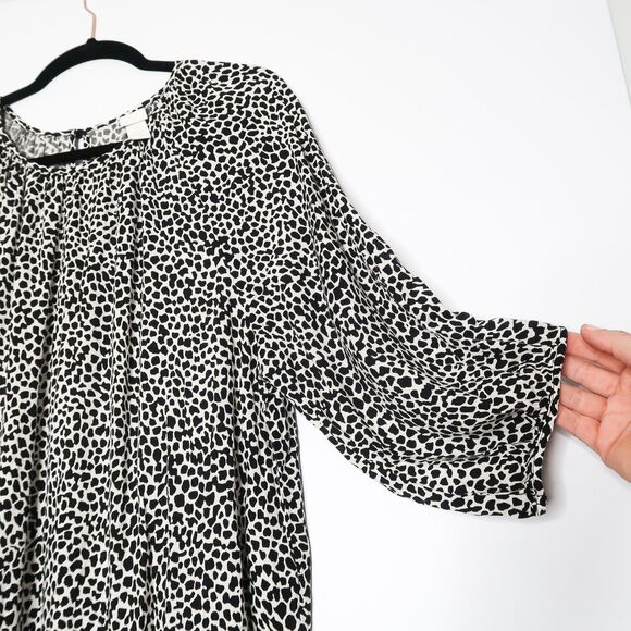 H&M Womens Leopard Print Short Dress Size Medium Black White Bubble Sleeve‎ Boho - Picture 5 of 7